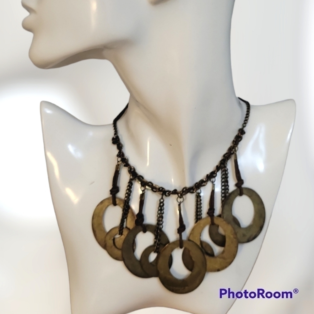 Vtg Rustic Bronze Chain Brass Cutout Oval Waterfall Plastron Necklace